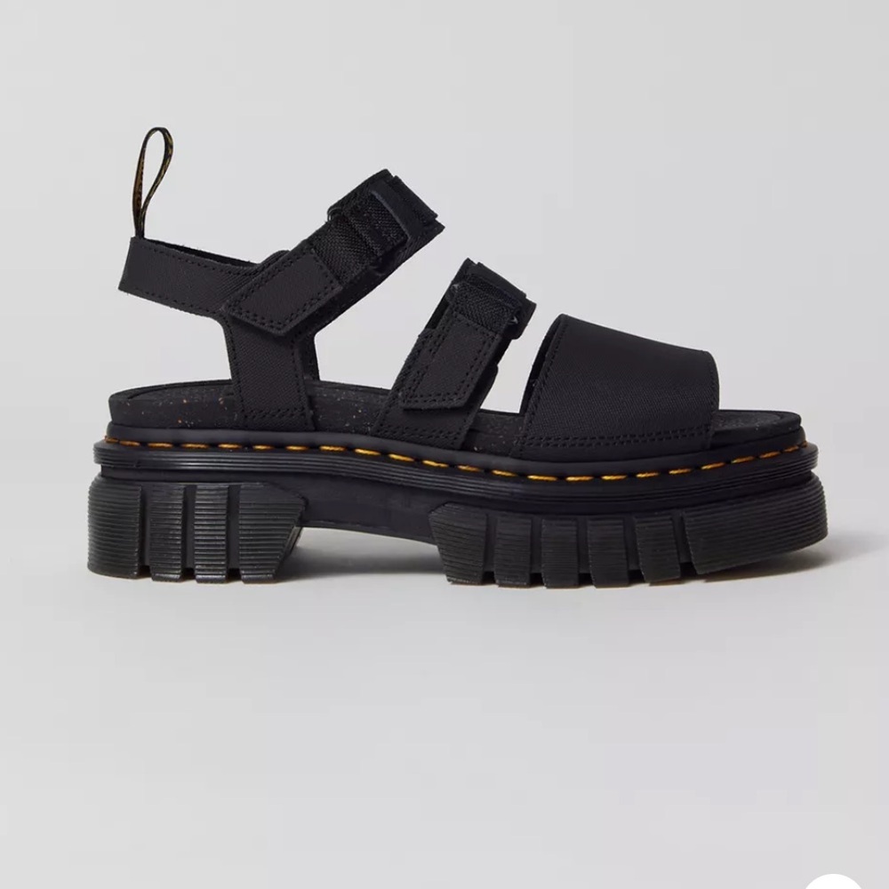 Dr. Martens Black Chunky Platform Leather Sandals with Yellow Stitching